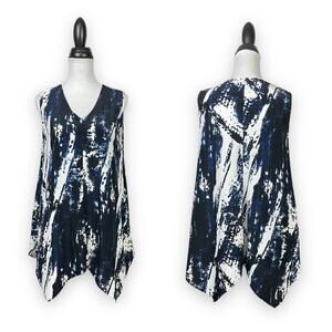 Niche | Navy Blue & White Watercolor Print Handkerchief Sleeveless Tunic Blouse
